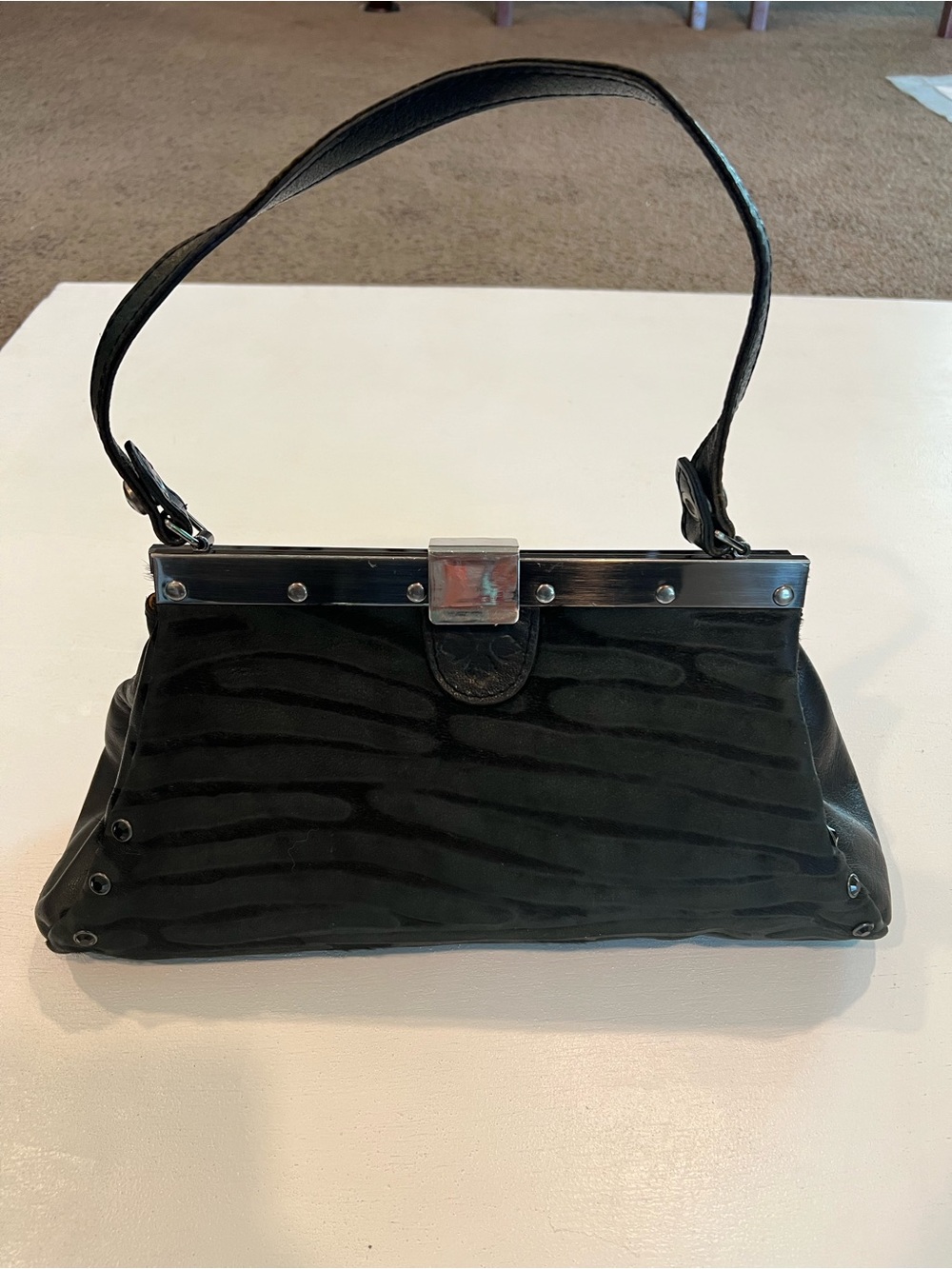 Patricia Nash Black Zebra-Embossed Shoulder Bag with Silver Hardware
